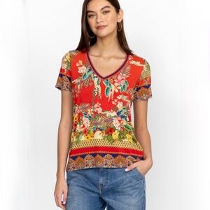 Johnny Was Rapsodia Floral V-Neck Tee Red Tropical Bamboo Size L EUC